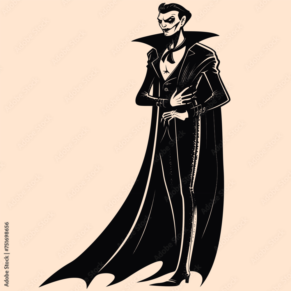 Black and White Vampire Character Outline Silhouette Ornament Vector Art for Logo and Icon, Sketch, Tattoo, Clip Art