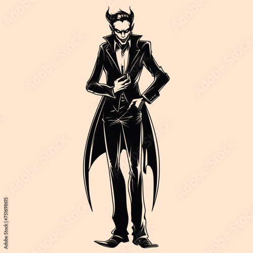 Black and White Vampire Character Outline Silhouette Ornament Vector Art for Logo and Icon, Sketch, Tattoo, Clip Art