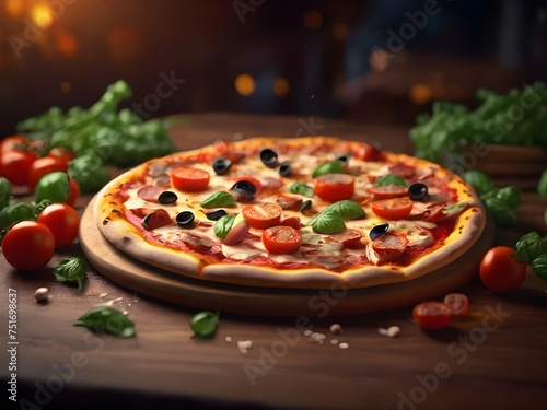 Pizza with mozzarella, tomatoes and olives on wooden table. food illustration.