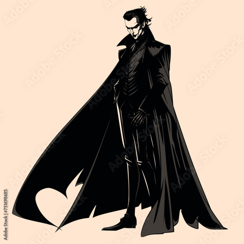 Black and White Vampire Character Outline Silhouette Ornament Vector Art for Logo and Icon, Sketch, Tattoo, Clip Art