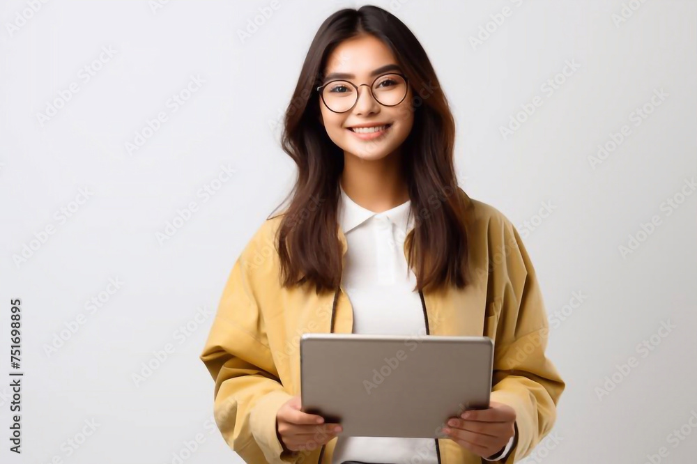 Image of young asian woman, company worker in glasses, smiling and holding digital tablet, standing over white background Image of young asian woman, company worker in glasses, smiling and holding digital tablet, standing over white background