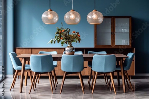 A beautiful and charming  interior design of dining room with a blue table and chairs in a modern and bright flat