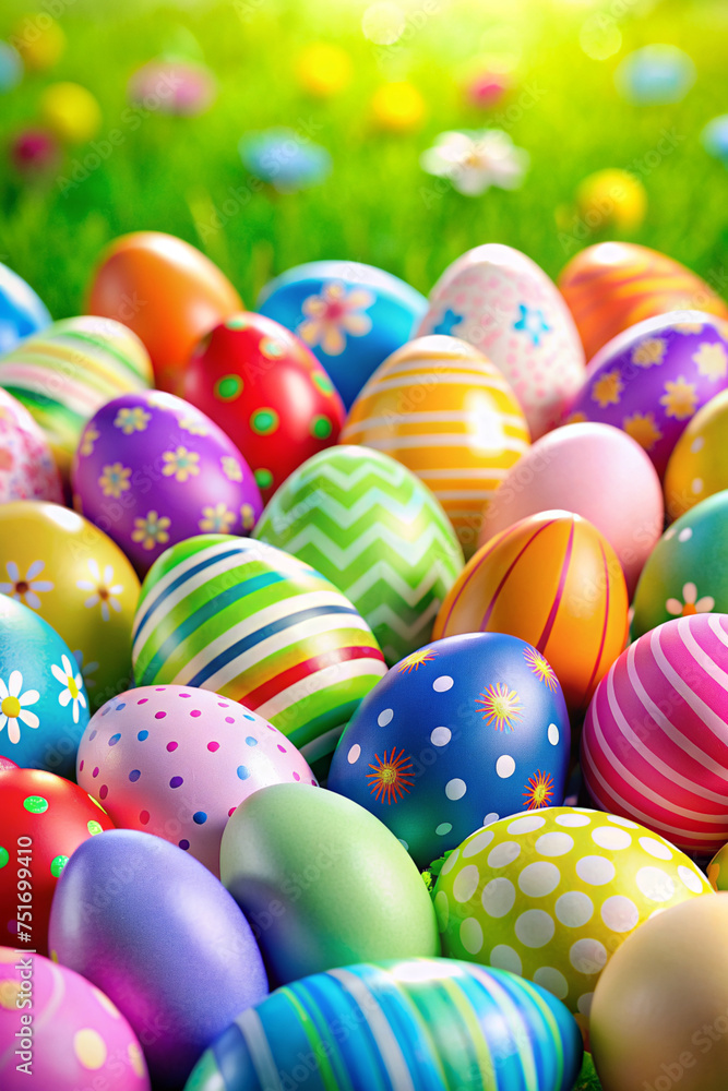 A vibrant and cheerful collection of Easter eggs adorns a colorful background, setting the scene for joyous Easter celebrations A vibrant and cheerful collection of Easter eggs adorns a colorful background, setting the scene for joyous Easter celebrations