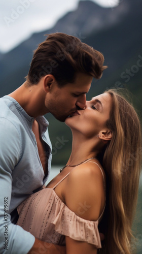 A guy kisses a girl in nature, vertical photo