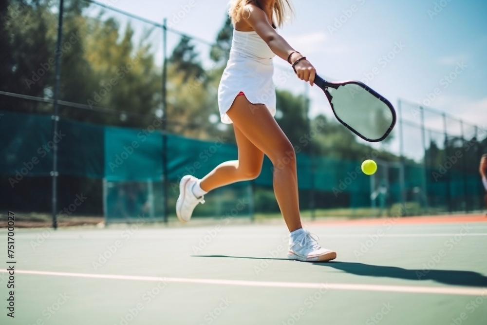 Beautiful woman playing pickleball game, hitting pickleball yellow ball with paddle, outdoor sport leisure activity