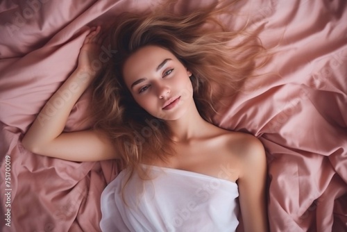 Woman lying in bed Beautiful relaxed girl portrait