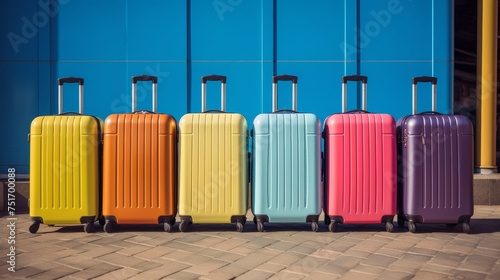 Colorful suitcases lined up.