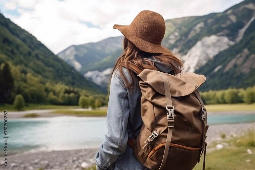 Time for yourself. Young woman traveler taking a beautiful landscape at the mountains, Travel lifestyle concept