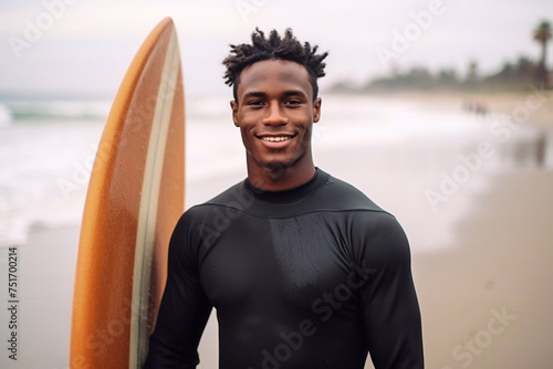 Beautiful young professional black surfer man, holds his surfboard in arm stands on ocean beach © Ирина Курмаева