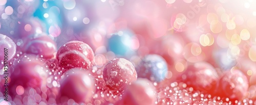 Sugared gummy candies glisten amidst a magical bokeh effect on a pastel-colored backdrop, creating an enchanting confectionery dreamscape.