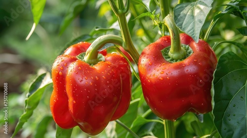 Two ripe red bell peppers in the greenhouse, showcasing the vibrant and healthy harvest of organic farming.