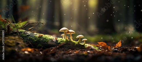 A cluster of mushrooms sits on the forest floor amidst fallen leaves and twigs, blending into the autumn bokeh background. The diverse shapes and sizes of the mushrooms add texture to the woodland © pngking