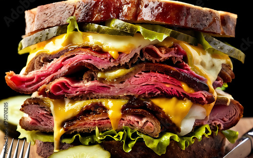 Capture the essence of Pastrami Sandiwch in a mouthwatering food photography shot photo