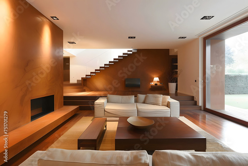 modern minimalist living room, trendy terracotta wall color, interior design, color palette