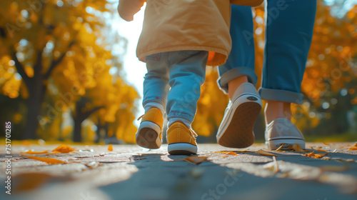 Close up legs of mother walk in fall park with little child boy with dry yellow autumn leaves. Mother, small kid son feet on steps. Family day 15 of may love parents, children concept, generative ai photo