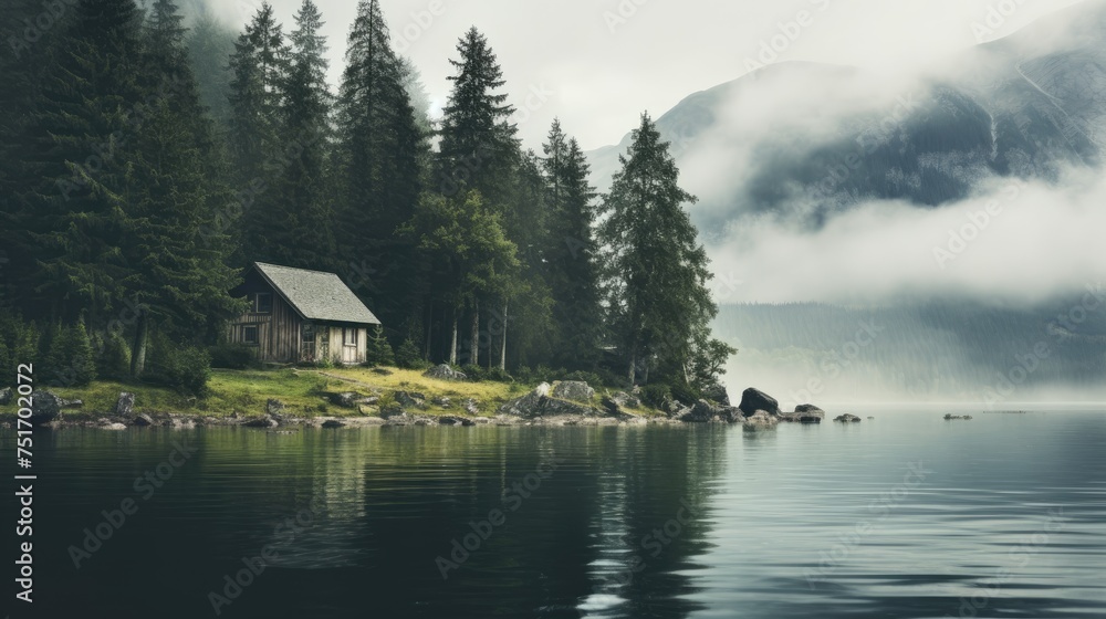 Fototapeta premium Remote Cabin Nestled in a Tranquil Untouched Forest, Reflecting the Concept of Isolationist Travel and Serenity