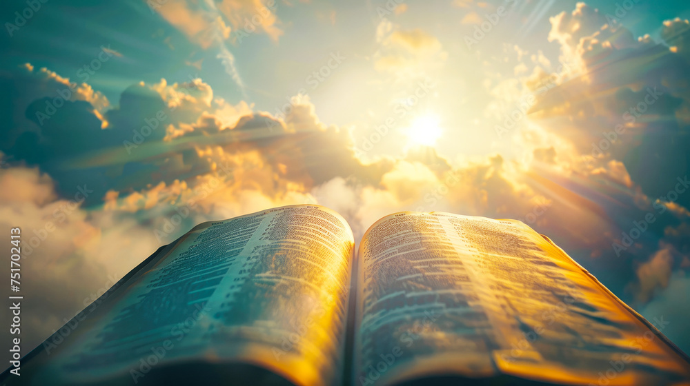 A serene image of an open Bible set against a backdrop of soft clouds in the sky, evoking calm and reverence - obrazy, fototapety, plakaty 