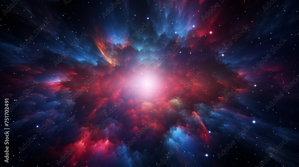 An image representing a cosmic explosion with radiant red, blue colors, and star-like sparks