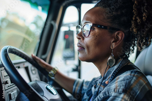 A female truck driver communicating over the radio while driving, emphasizing diversity in the trucking industry.
