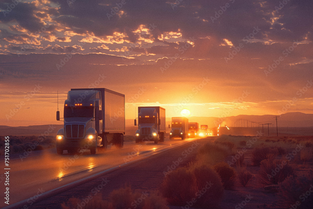 A convoy of semi-trucks driving in formation at sunrise, showcasing the unity and efficiency of modern logistics.