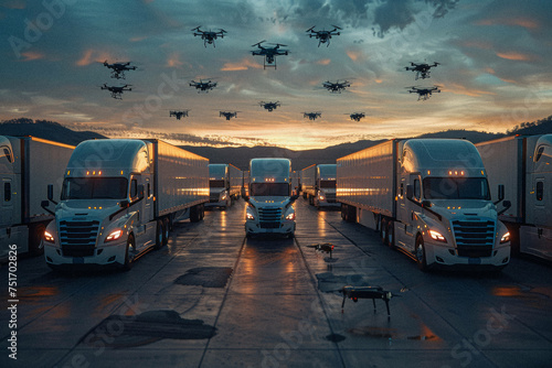 A fleet of electric semi-trucks parked in formation, with drones flying overhead for quick maintenance checks and cargo management.