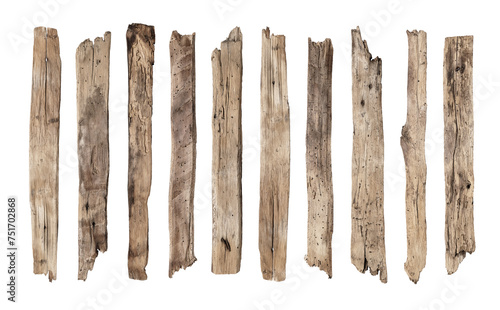 Collection old wooden planks isolated on white background, including clipping path