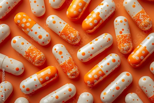 top view of medicine pills on orange background