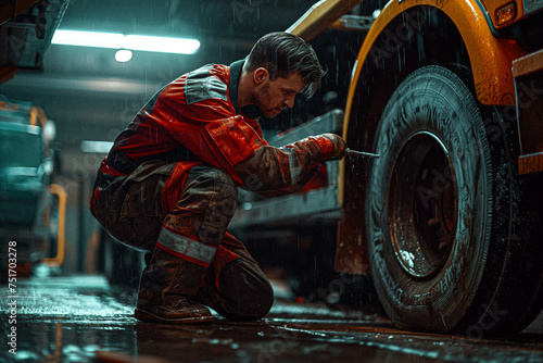 A mechanic wearing safety gear inspecting the undercarriage of a semi-truck in a well-equipped workshop.