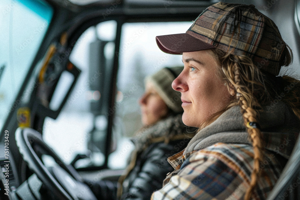 A woman trucker teaching a new recruit the ropes, demonstrating mentorship and the passing of knowledge to the next generation. A woman trucker teaching a new recruit the ropes, demonstrating mentorship and the passing of knowledge to the next generation.