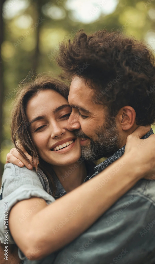 Obraz premium portrait of a couple kissing. Loving and happy man hugging woman at park