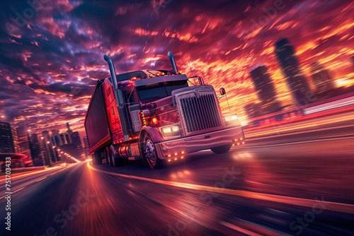 A determined female truck driver navigating a massive 18-wheeler through a bustling cityscape at sunrise, showcasing the energy and dynamics of urban logistics.