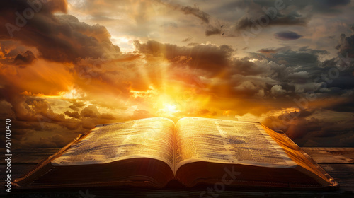 Dramatic scene with a bible on a wooden surface against a sunset, signaling the end of a day and the contemplation it brings