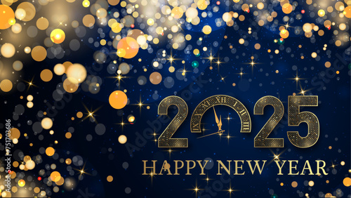 card or banner to wish a happy new year 2025 in gold the 0 is a clock on a dark blue gradient background with gold colored stars and circles in bokeh effect photo