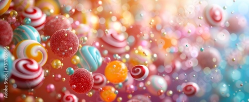 Levitating candy swirls and sparkling gumballs create an effervescent scene, as a bokeh glow infuses this whimsical, candy-themed dreamscape. photo