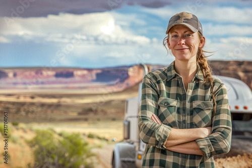 A portrait of a woman standing proudly in front of her semi-truck, with a vast landscape in the background, symbolizing freedom and adventure.