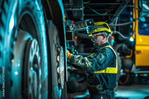 A mechanic wearing safety gear inspecting the undercarriage of a semi-truck in a well-equipped workshop.