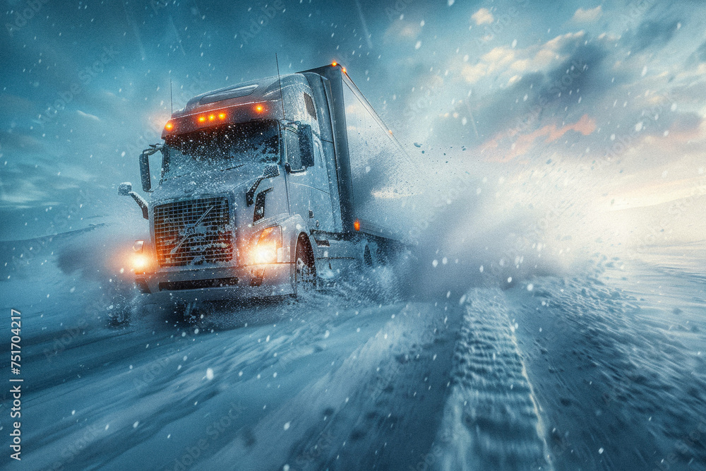 An empowering shot of a female truck driver navigating her semi-truck through a snowstorm, demonstrating resilience and the challenges faced by drivers in extreme weather. An empowering shot of a female truck driver navigating her semi-truck through a snowstorm, demonstrating resilience and the challenges faced by drivers in extreme weather.
