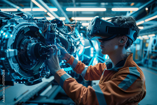 A technician wearing virtual reality (VR) goggles remotely diagnosing and repairing an electric semi-truck's engine in a high-tech service center.