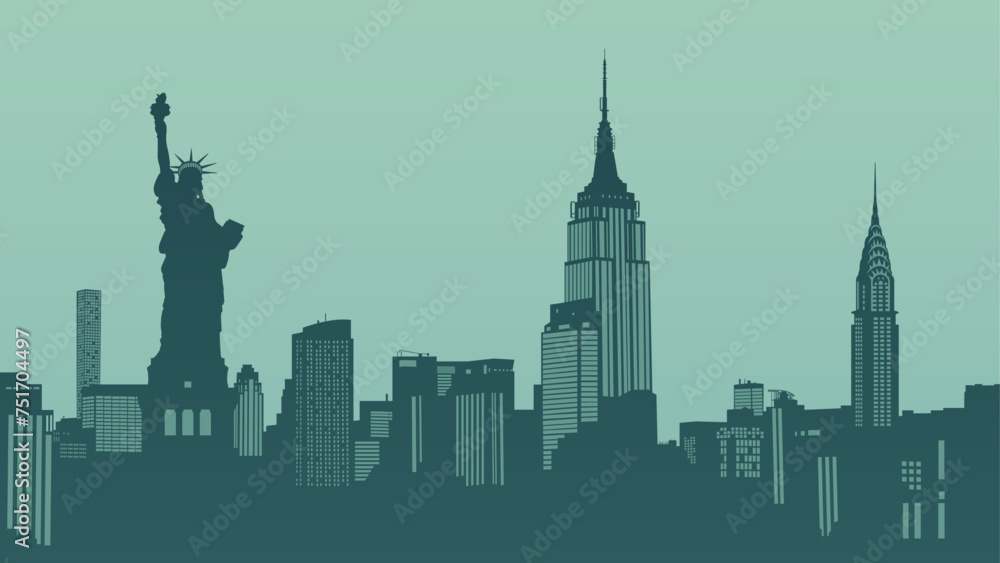 Silhouette vector background of New York City Skyscrapers and Statue of Liberty. Travel illustration