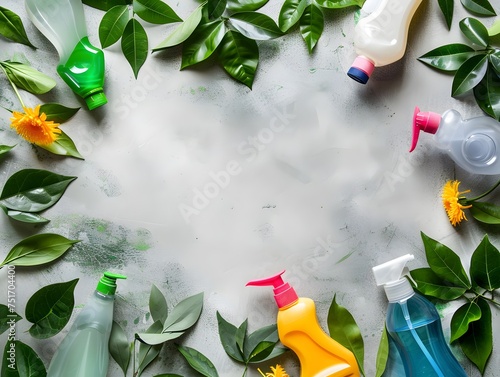 Spring Cleaning concept background with an image of colorful detergent bottles and brushes surrounded by green spring season leaves and copy space photo