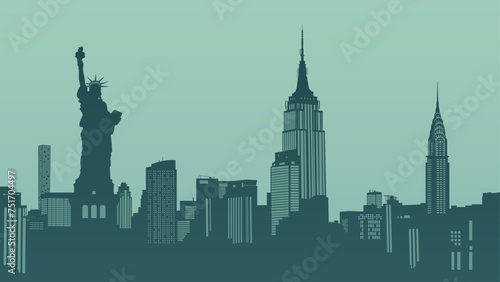 Silhouette vector background of New York City Skyscrapers and Statue of Liberty. Travel illustration © Olha