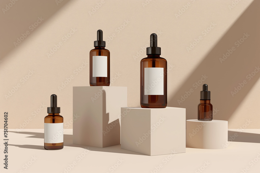 Brown Serum Bottles mockup with blank label on minimalistic beige background. Brown Serum Bottles mockup with blank label on minimalistic beige background.