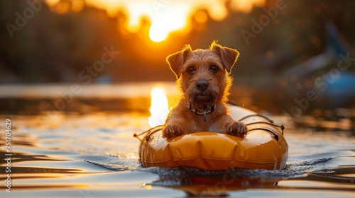 jack russell dog sitting on yellow canoe in lake sunset © andriyyavor