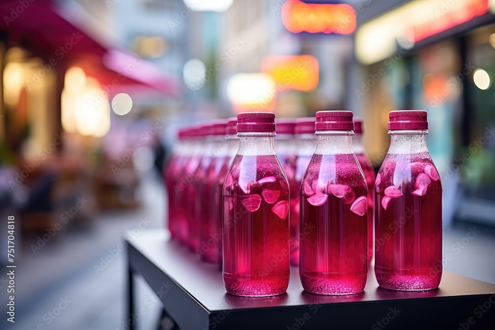 Bottles of fresh pink raspberries juice on shelf in a store. Commerce and health Bottles of fresh pink raspberries juice on shelf in a store. Commerce and health