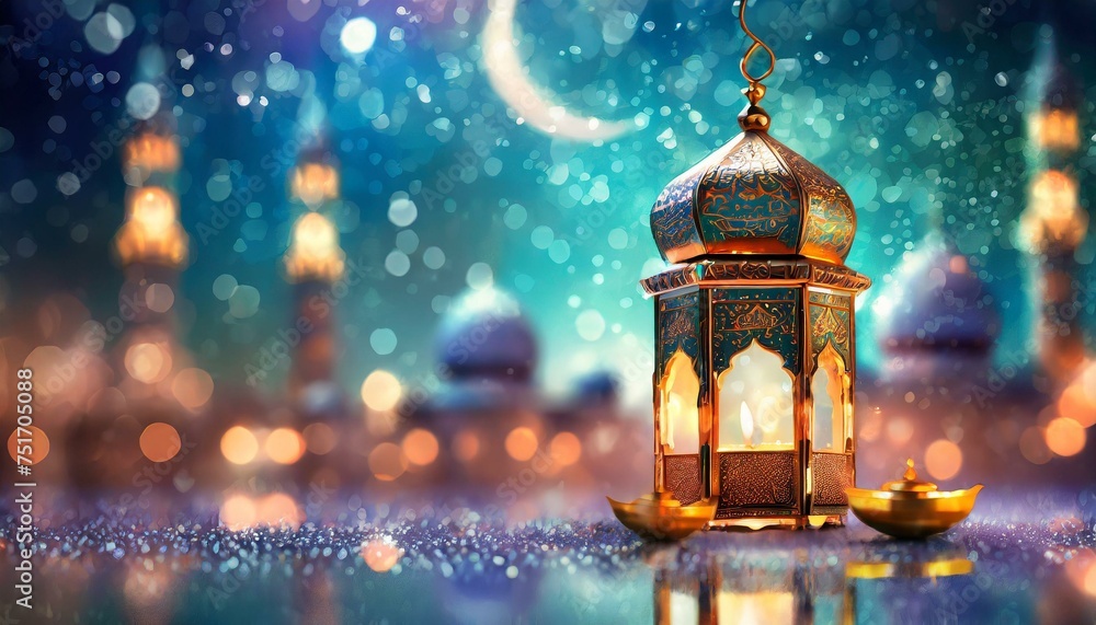 Lantern with burning candles in front of the mosque under the night starry sky