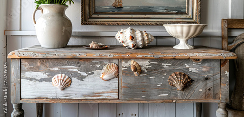 Coastal sideboard with seashell inlay on weathered wood in a beach cottage.