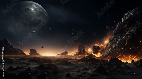 An ominous lunar landscape unfolds with an intense fiery horizon, where molten lava meets the cold, desolate surface of an alien moon