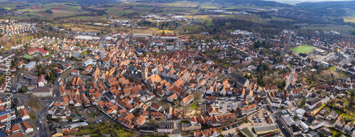 Aerial around the city Alsfeld in Germany on a sunny afternoon in autumn 