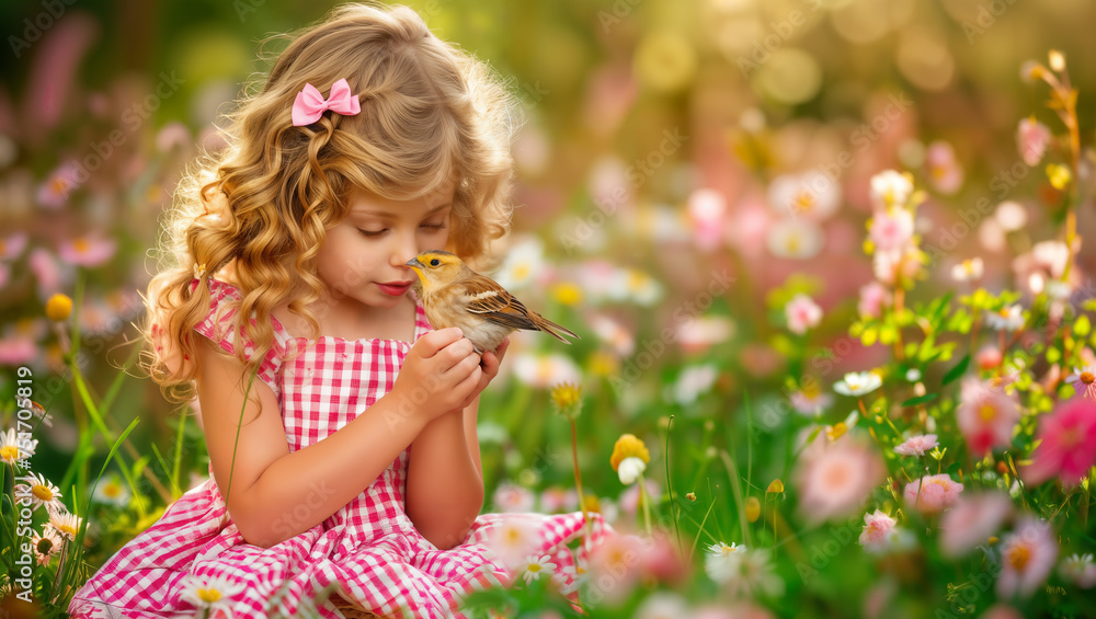 A girl with closed eyes and a dreamy expression holds a bird in her hands while sitting in a spring meadow. A girl with closed eyes and a dreamy expression holds a bird in her hands while sitting in a spring meadow.