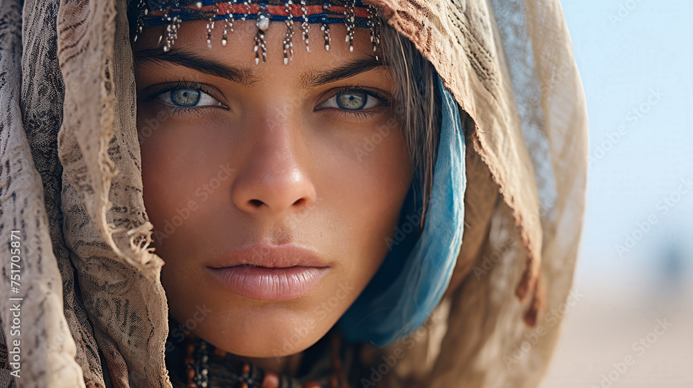 A high fashion model wearing a shawl and headband. A desert environment. She is tan and has a flawless complexion. Skin care and cosmetics.